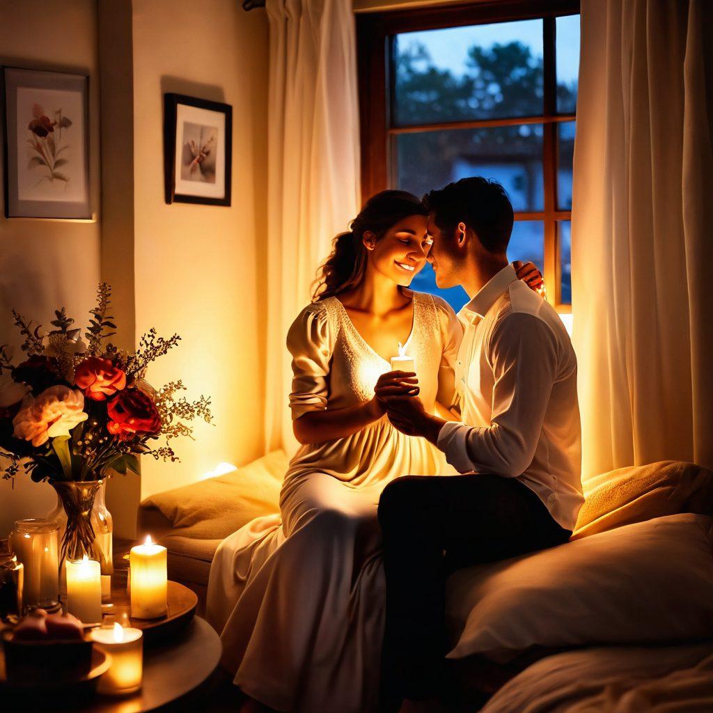 A cozy, intimate scene depicting a couple sharing a heartfelt moment, surrounded by warm candlelight and soft textures. The ambiance should be filled with delicate flowers and personal mementos showcasing their love journey. The couple should be engaged in a tender gesture, like whispering secrets or exchanging knowing smiles. Capturing the essence of nurturing intimacy, the image should evoke feelings of warmth and connection. soft focus, romantic lighting, vibrant colors.
