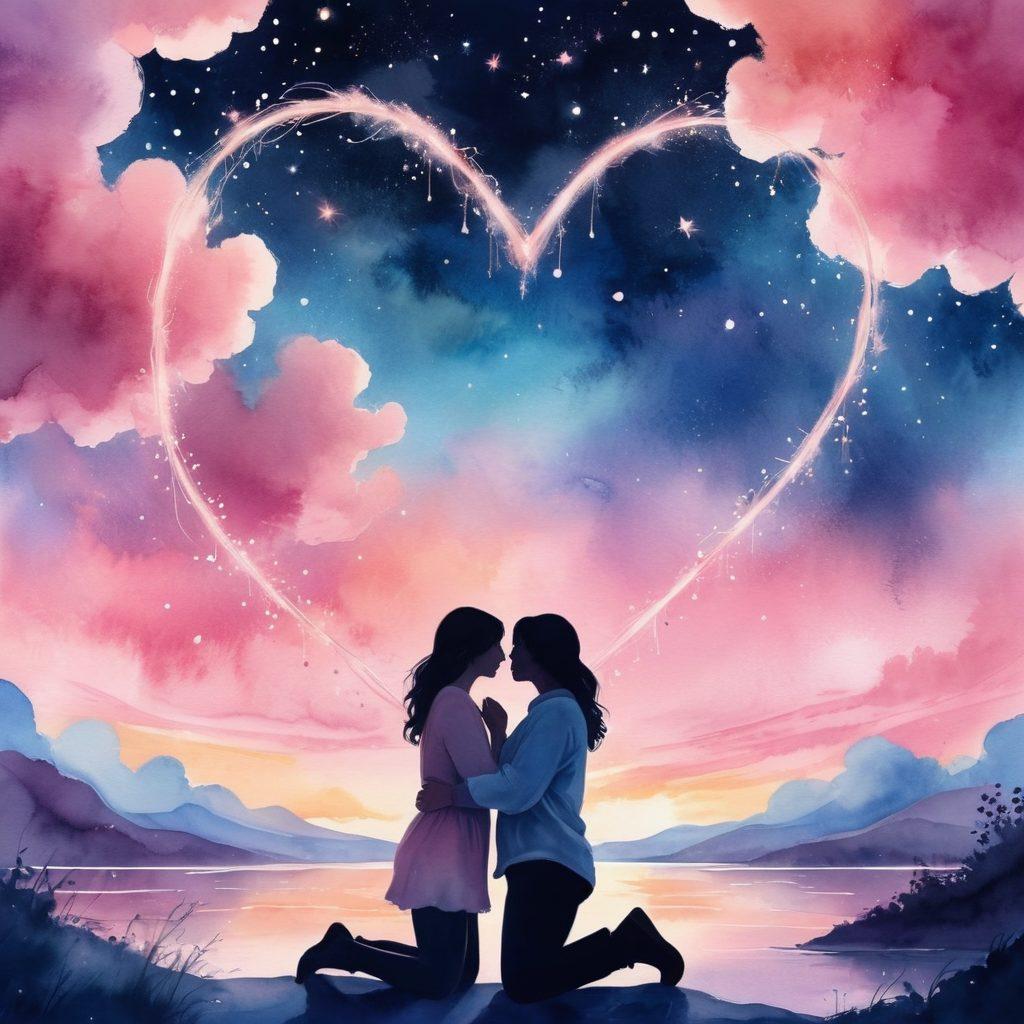 A romantic scene depicting a couple embracing under a starlit sky, surrounded by soft glowing fairy lights. The atmosphere should convey warmth and intimacy, with gentle colors that evoke affection, such as soft pinks and deep blues. Include whimsical elements like heart-shaped clouds and subtle sparks of magic around them, symbolizing the power of love. watercolor style. vibrant colors. dreamy background.