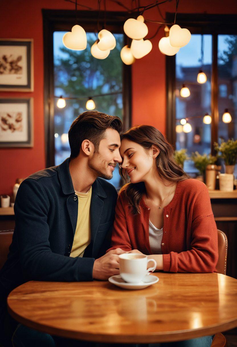 An intimate scene depicting a diverse couple sharing a heartfelt moment in a cozy café, surrounded by soft, warm lighting and delicate heart-shaped decor. Include subtle visual trends like affection symbols intertwined in a beautiful, colorful backdrop. Capture a sense of connection and emotional depth as they gaze into each other’s eyes, illustrating the essence of affectionate relationships. super-realistic. warm colors. cozy atmosphere.